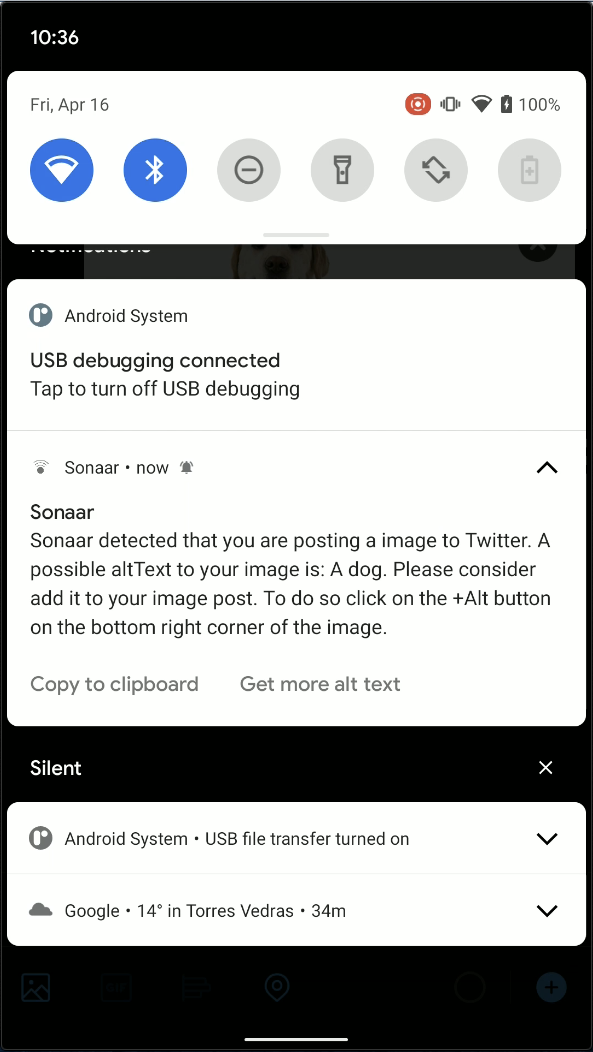 Android notification screen containing a message from SONAAR that a possible description has been identified and how the user can include this description in the post
