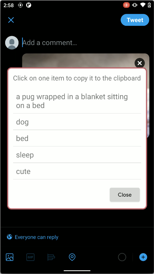 Compose new Tweet window with an overlay window generated by SONAAR with the following message: Click on one item to copy it to the clipboard. Next, a list is presented with the following items: a pug wrapped in a blanket sitting on a bed, dog, sleep, and cute. At the bottom a Close button is also displayed.