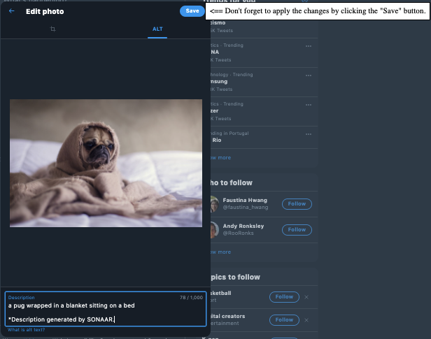 Twitter's alt tab of the Edit photo window with an overlay created by SONAAR next to the Save button containing the message Don't forget to apply the changes by clicking the Save button. An image of a pug is presented followed by the description input box containing the text a pug wrapped in a blanket sitting on a bed. Description generated by SONAAR.